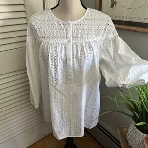 J McLaughlin Top Womens Large White Cotton Tunic Eyelet Balloon Sleeve Boho Chic